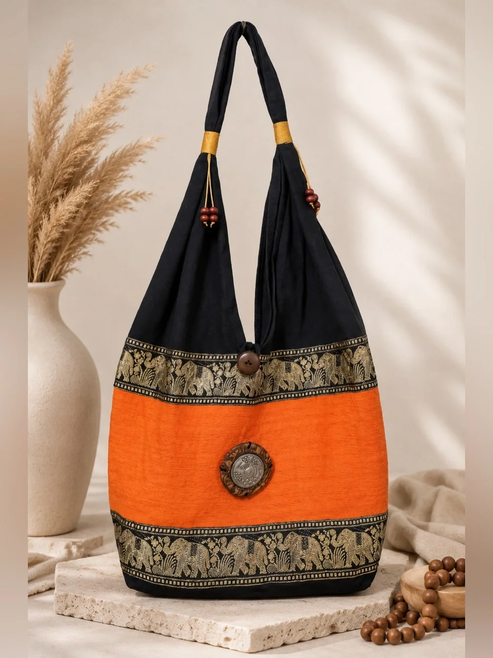 Shoulder Bag Sling Thai Hippie Hobo Orange Black color Crossbody Bag Bohemian